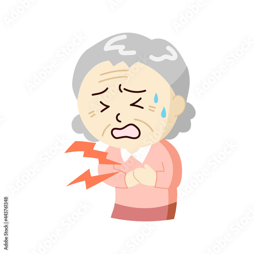 痛みで胸を押さえる苦しそうなおばあさん