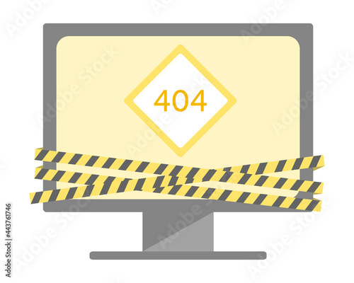 404 error page or file not found screening. 404 sign with yellow black tape cover computer.