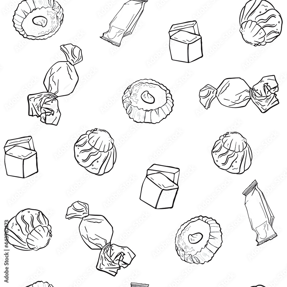 Seamless illustration of desserts, sweets on a colored background. Confectionery pattern for cafes, packaging, blank for designers, printing on clothes, interiors, menus, pastry shops