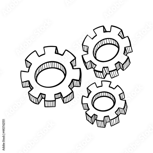 Hand drawn gear isolated on white background. Mechanical details in sketchy style. Vector illustration.
