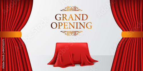 Grand Opening royal elegant surprise with satin fabric cloth curtain and cover box with white background