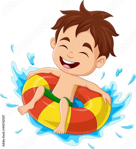 Cartoon little boy having fun in swimming pool