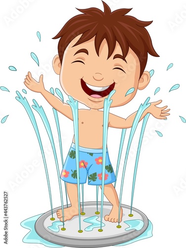 Cartoon little boy playing water fountain