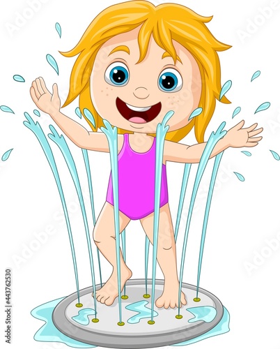 Cartoon little girl playing water fountain