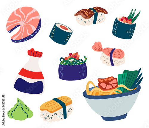 Set of Japanese Food. Sushi, Roll, Fish, Sashimi and Noodle, seafood with rice, soy sauce, wasabi. Asian foods vector illustration isolated on white background