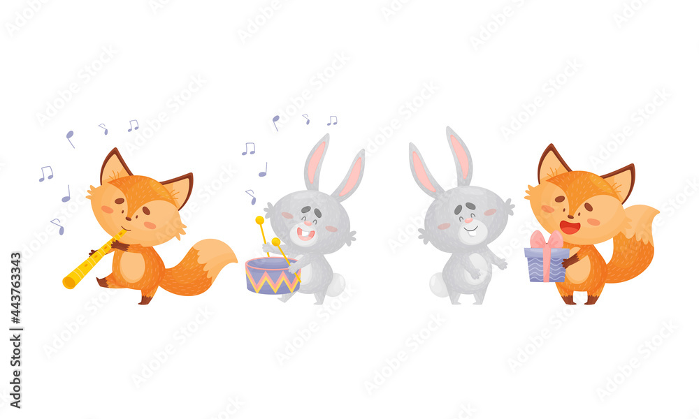 Humanized Fox and Hare Engaged in Different Activity Playing Musical Instrument and Giving Gift Box Vector Set Humanized Fox and Hare Engaged in Different Activity Playing Musical Instrument and Giving Gift Box Vector Set
