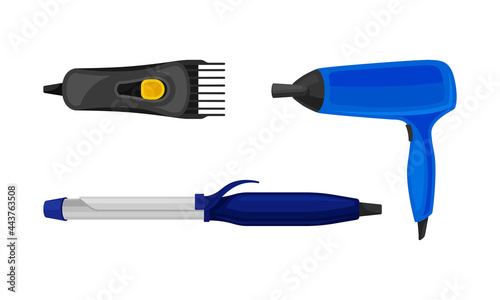 Hairstyling Tool with Iron and Hair Dryer for Doing Hair Vector Set