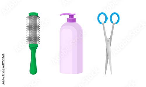 Hairstyling Tool with Brush and Scissors for Doing Hair Vector Set