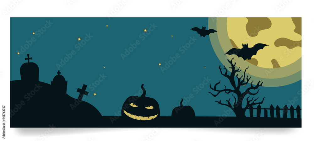Halloween banner template with tree, pumpkin, gravestones, moon, bats on full moon background. Vector illustration in flat style