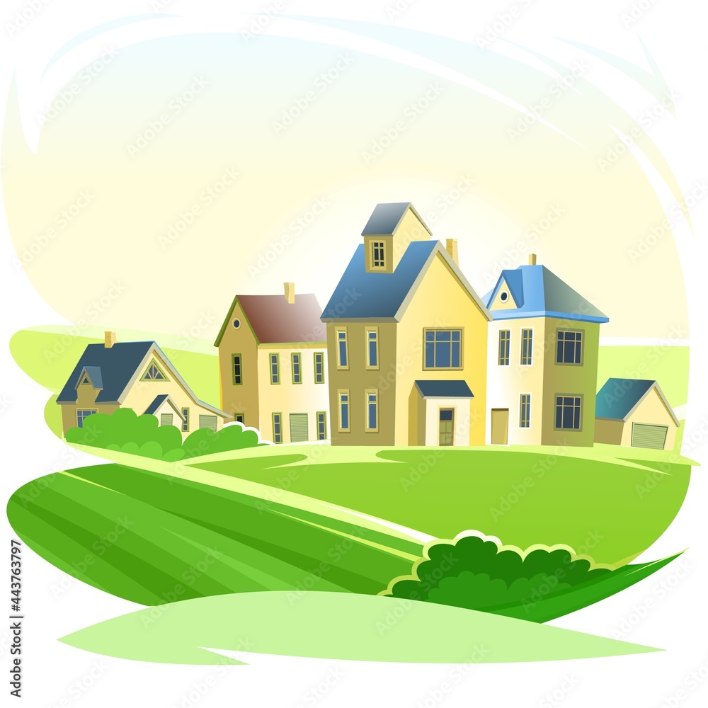 Naklejka premium Village. Street with houses. Cartoon cheerful flat style. Village. Small cozy suburban cottages in the meadow. Gable roofs. Isolated background. Vector.