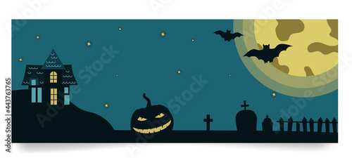 Halloween banner template with gloomy house, pumpkin, grave monuments, moon, bats on full moon background. Vector illustration in flat style