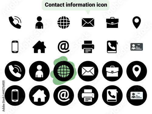 Set of black vector icons, isolated against white background. Flat illustration on a theme contact details, basic information. Fill, glyph
