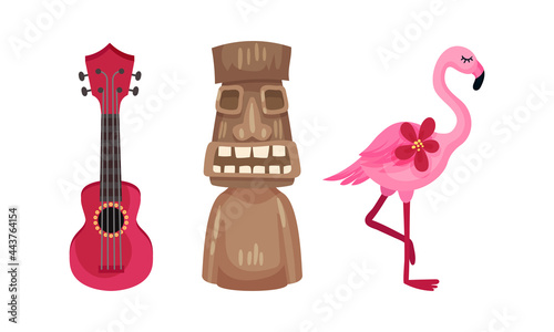 Hawaiian Beach Attributes and Tropical Symbols with Ukulele and Flamingo Bird Vector Set