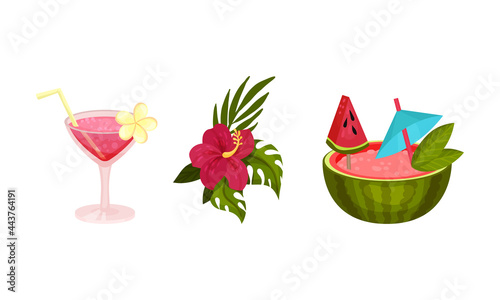 Hawaiian Beach Attributes and Tropical Symbols with Cocktail in Glass with Straw Vector Set