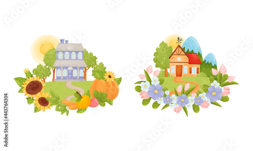Village Houses Standing on Meadow with Winding Path Surrounded by Circular Crop and Flower Arrangement Vector Set