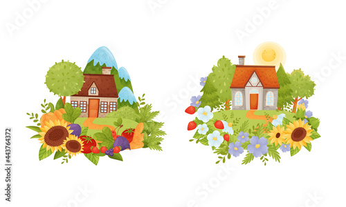 Village Houses Standing on Meadow with Winding Path Surrounded by Circular Crop and Flower Arrangement Vector Set