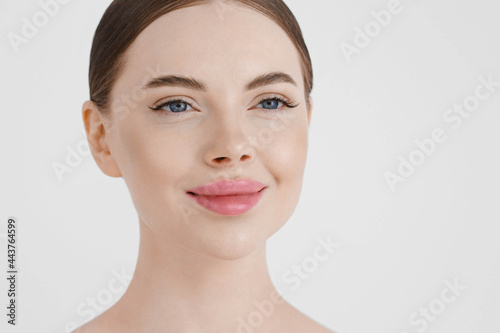 Beauty woman face close up beauty skin lips eyes happe model