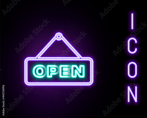 Glowing neon line Hanging sign with text Open door icon isolated on black background. Colorful outline concept. Vector