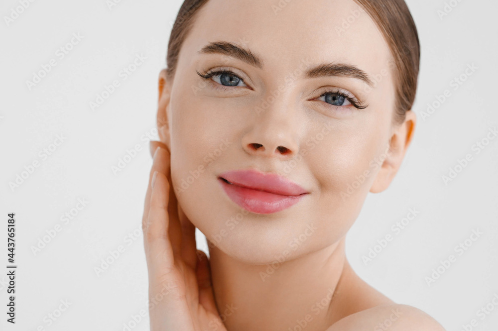 Beautiful woman face healthy skin natural make up lips close up blue eyes Beautiful woman face healthy skin natural make up lips close up blue eyes