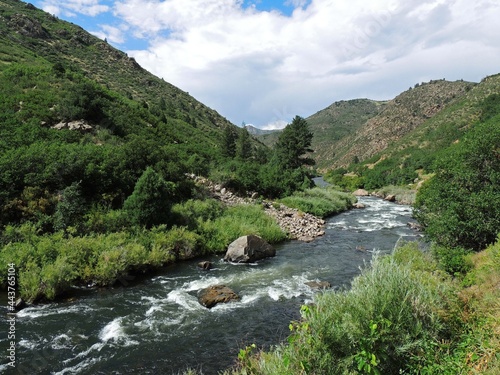 south  platte river rapids and  scenic foothills in summer  in waterton canyon, littleton, colorado    