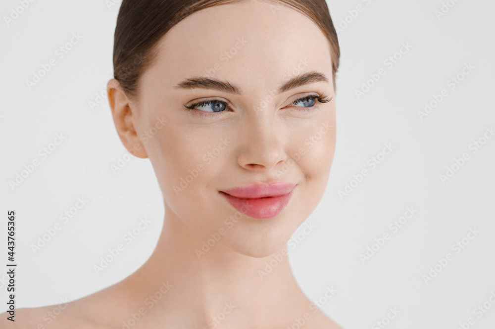 Beautiful woman face healthy skin natural make up lips close up blue eyes Beautiful woman face healthy skin natural make up lips close up blue eyes