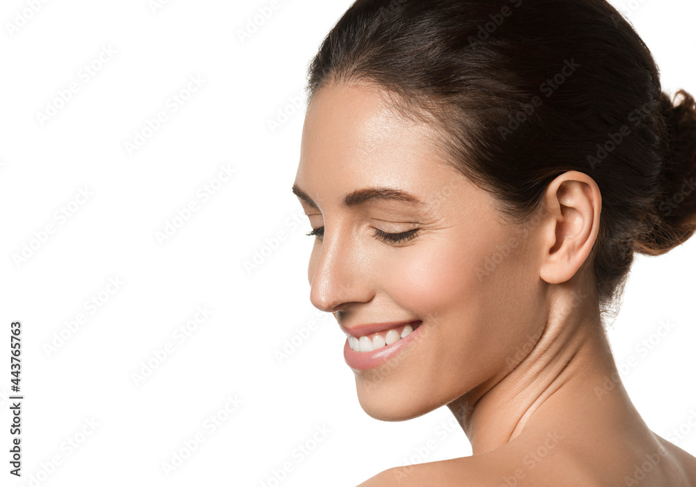 Beautiful brunette woman healthy skin beauty teeth smile natural make up isolated on white Beautiful brunette woman healthy skin beauty teeth smile natural make up isolated on white