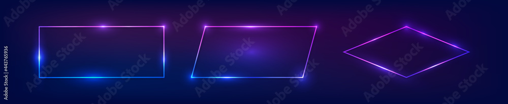 Set of three neon frames with shining effects