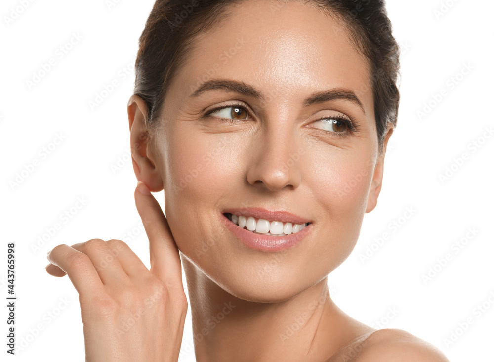 Beautiful brunette woman healthy skin beauty teeth smile natural make up isolated on white