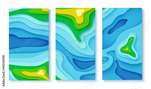 Topographic map in papercut style. Set of three flyers with top view river, trees and mountains in paper cut style. Vector card for ecology creative concept. Wavy layered shapes cut out from cardboard