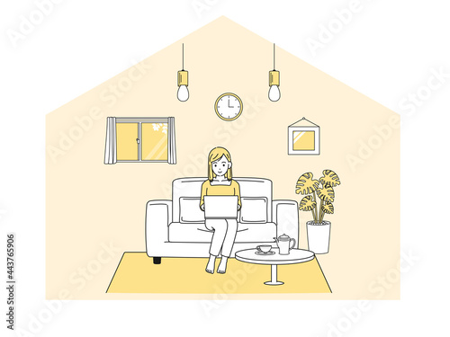 ノートパソコンを使う若い女性　フリーランス　在宅勤務　リモートワーク　仕事　イラスト素材