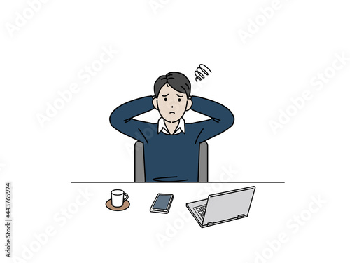 仕事がない　暇　退屈　フリーランス　自営業　若い男性　在宅勤務　仕事　困る　悩み　イラスト素材