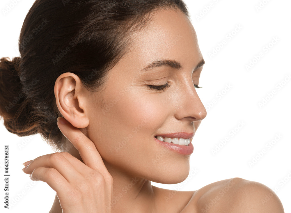 Beautiful brunette woman healthy skin beauty teeth smile natural make up isolated on white Beautiful brunette woman healthy skin beauty teeth smile natural make up isolated on white