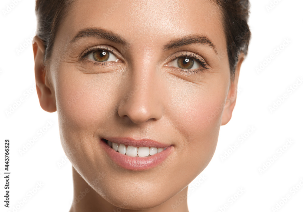 Beautiful brunette woman healthy skin beauty teeth smile natural make up isolated on white Beautiful brunette woman healthy skin beauty teeth smile natural make up isolated on white
