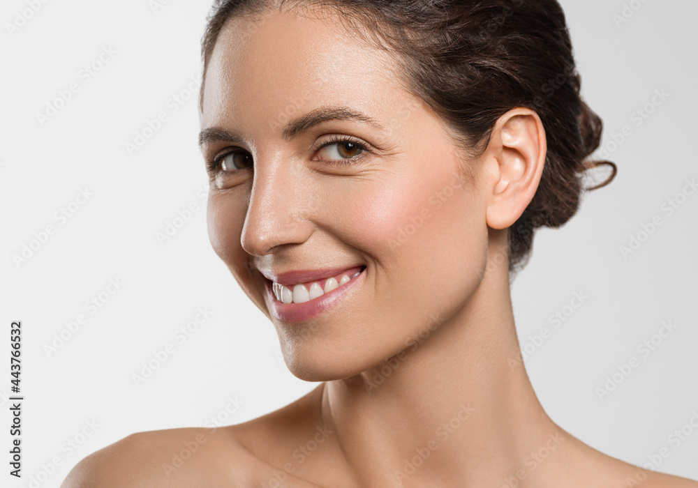Beautiful healthy teerth smile woman brunette hair natural skin studio portrait Beautiful healthy teerth smile woman brunette hair natural skin studio portrait