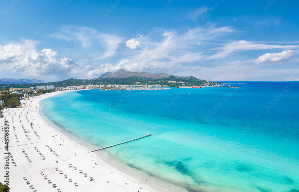 Aerial view of Platja de Muro in Alcudia bay, Majorca Island, Spain