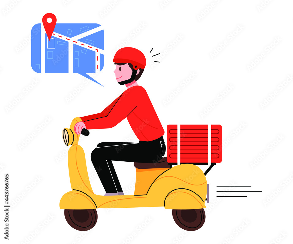 Delivery man character riding a scooter. Shipping concept vector illustration.