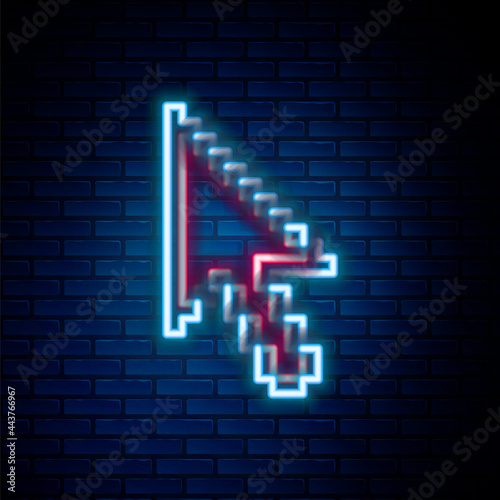 Glowing neon line Pixel arrow cursor icon isolated on brick wall background. Colorful outline concept. Vector