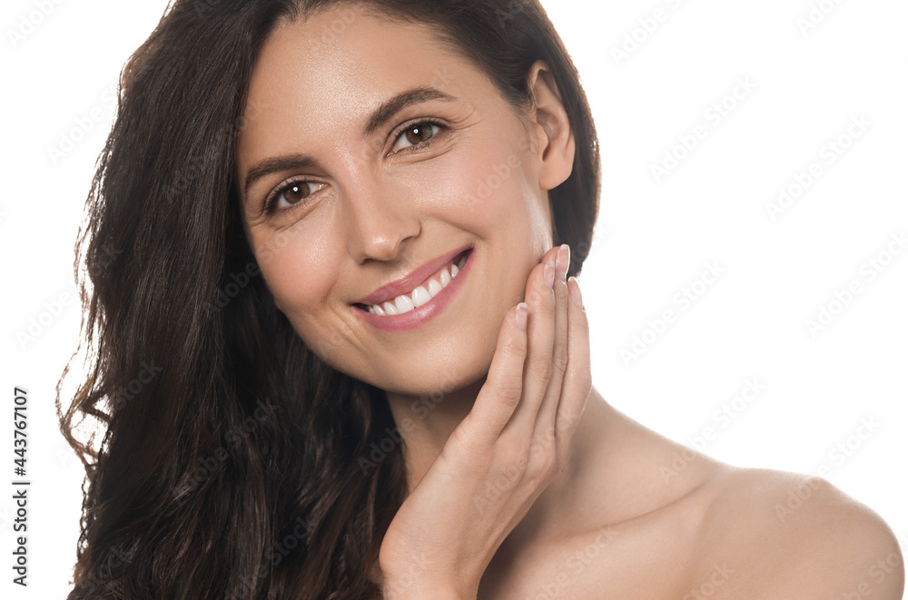 Beautiful woman face healthy clean skin spa cosmetic concept isolated on white healthy teeth smile Beautiful woman face healthy clean skin spa cosmetic concept isolated on white healthy teeth smile