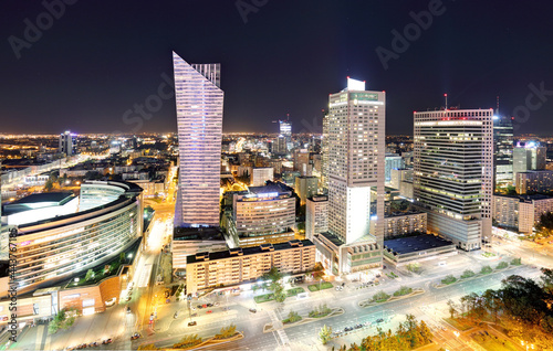 Warsaw downtown sunrise aerial view, Poland.
