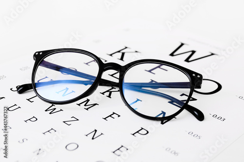 Stylish eyeglasses with eye test chart on white background, closeup