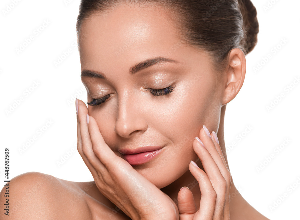 Beautiful woman with healthy clean fresh skin hand touching face manicure beauty isolated on white Beautiful woman with healthy clean fresh skin hand touching face manicure beauty isolated on white