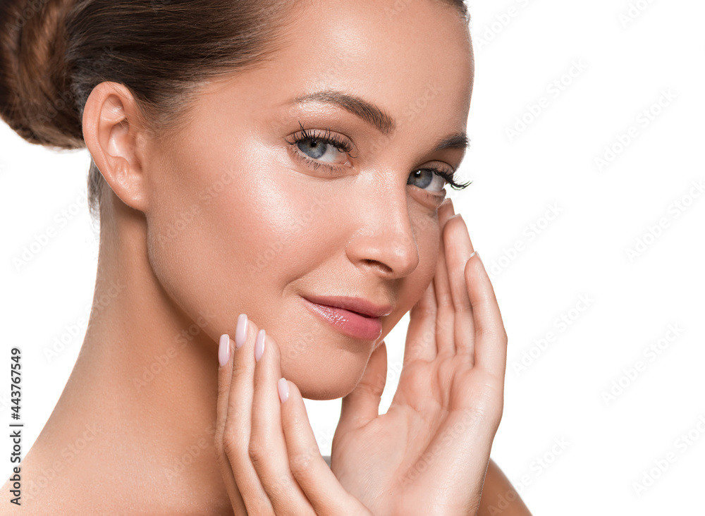 Beautiful woman with healthy clean fresh skin hand touching face manicure beauty isolated on white Beautiful woman with healthy clean fresh skin hand touching face manicure beauty isolated on white