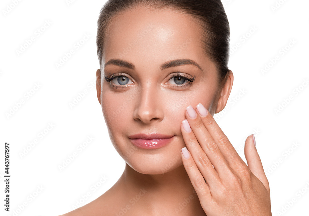 Beautiful woman with healthy clean fresh skin hand touching face manicure beauty isolated on white