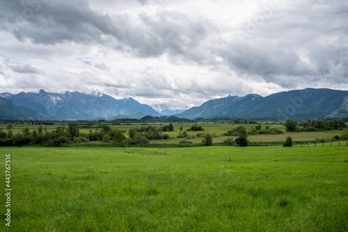 View of the Murnauer Moos on the Staffelsee with green meadow in the foreground, mountains in the background, cloudy sky