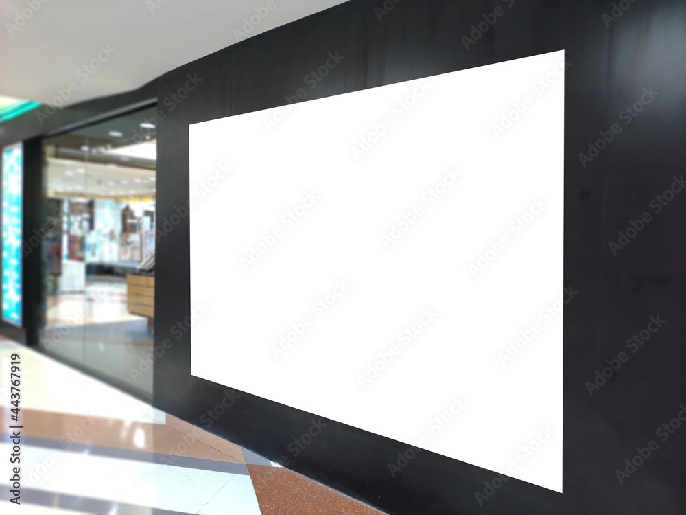 Blank poster banner at storefront display.White billboard for promotion announcement and business advertising information mock up. Blank poster banner at storefront display.White billboard for promotion announcement and business advertising information mock up.