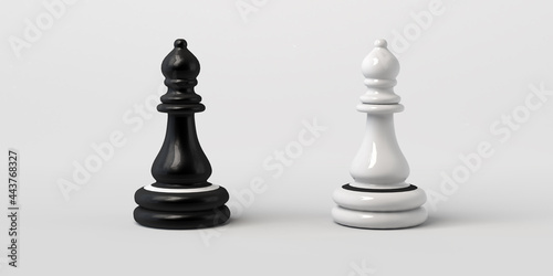 Black and white chess bishop facing each other. Isolated on white background. 3d illustration. Banner.