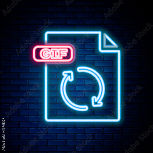 Glowing neon line GIF file document. Download gif button icon isolated on brick wall background. GIF file symbol. Colorful outline concept. Vector