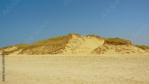 Sand beach and dunes on the North sea Opal coast under a clear blue sky, Nord PAs De calais, France 