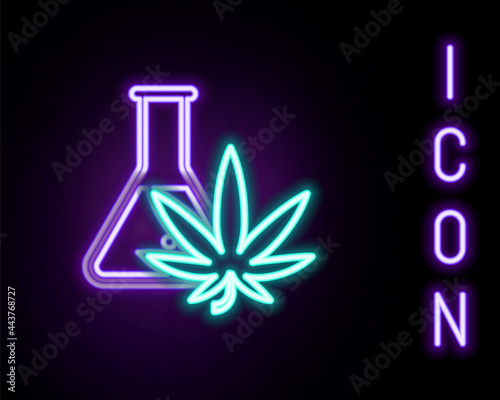 Glowing neon line Chemical test tube with marijuana or cannabis leaf icon isolated on black background. Research concept. Laboratory CBD oil concept. Colorful outline concept. Vector