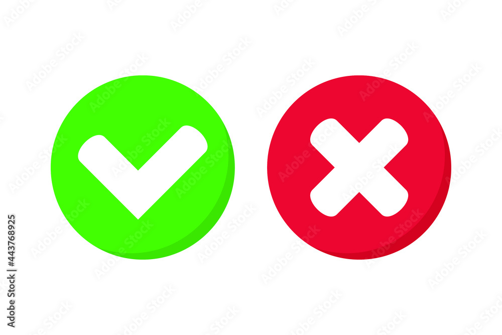 Tick and cross signs. Green checkmark and red X icons, vector isolated on white background. Tick and cross signs. Green checkmark and red X icons, vector isolated on white background.